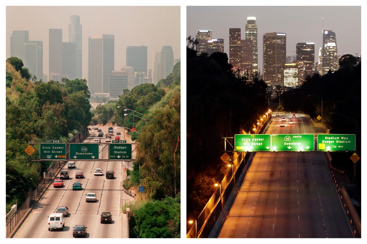 Disse to bildene tatt henholdsvis juli 1998 og april 2020 viser den store forskjellen i smogen over Los Angeles skyline. Jorda har i dag store klima- og miljøutfordringer, men historien viser altså at menneskers innsats og samarbeid kan få til viktige endringer. Foto: AP / NTB