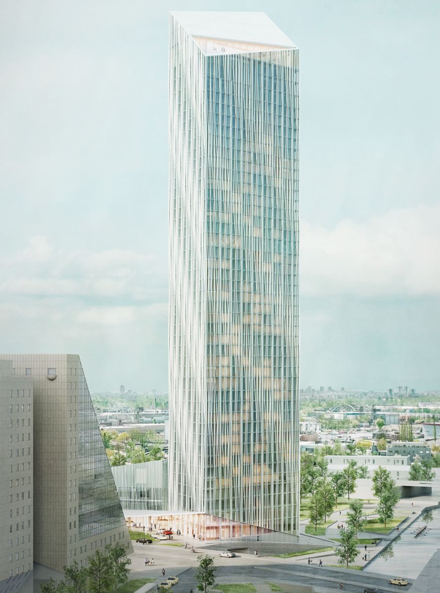 SLANK. Estrel Tower blir en slank, sølvskimrende bygning. Fasaden er i glass og aluminiumslameller. Illustrasjon: Barkow Leibinger