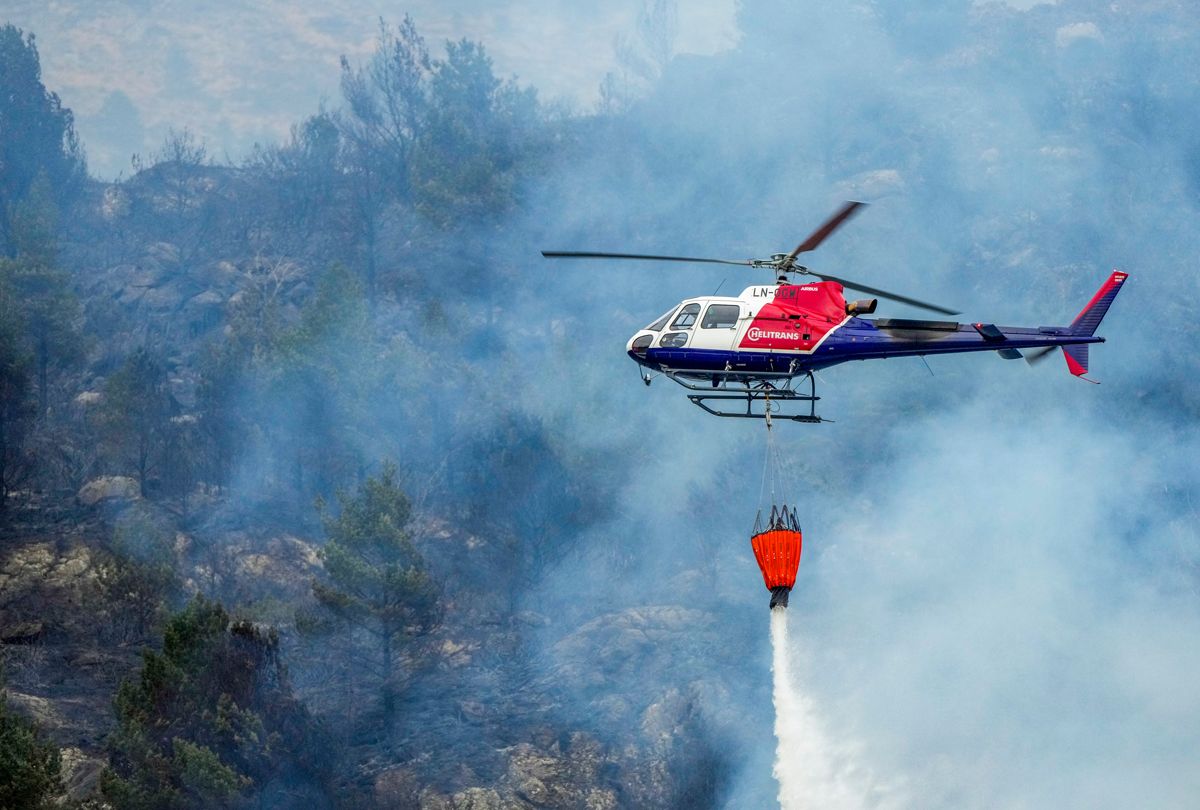 Et helikopter driver slukking av en skogbrann på Fitjar i mars. Foto: Jan Kåre Ness / NTB