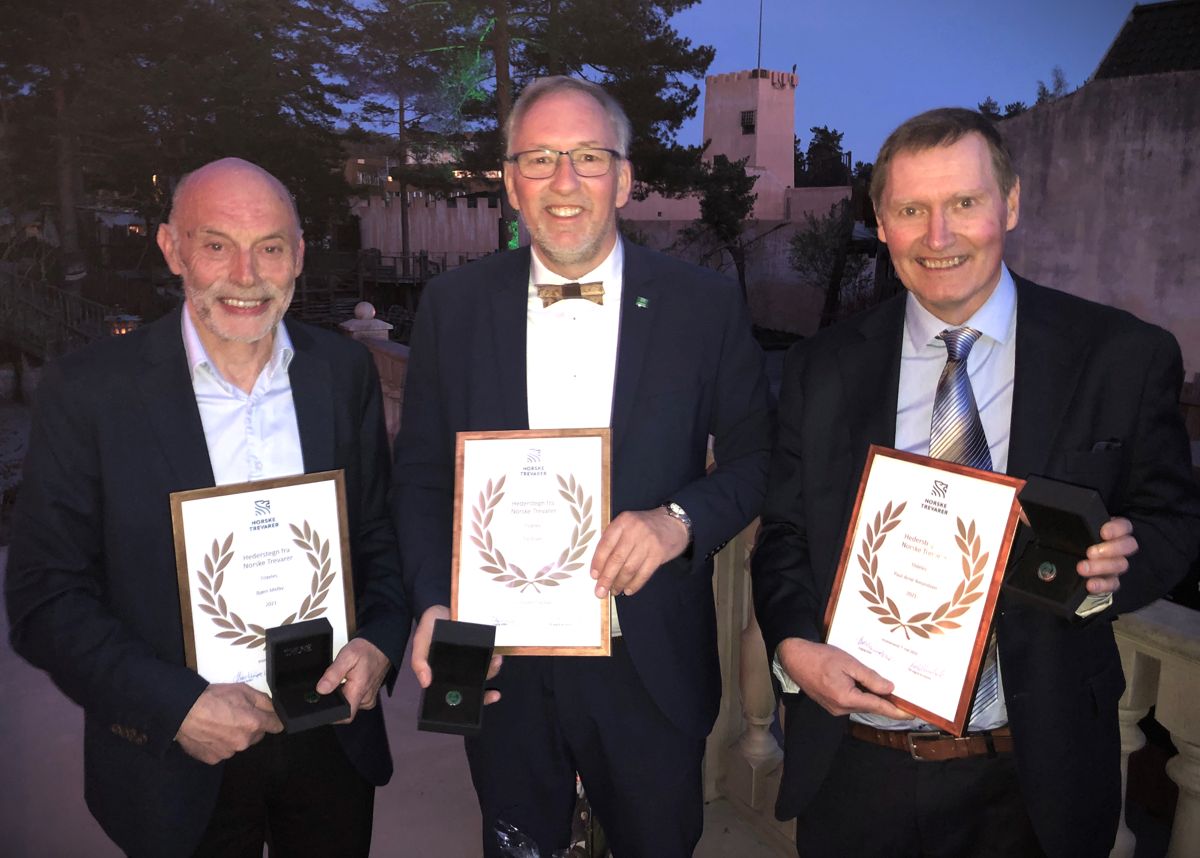 Bjørn Melby (f.v.), Ole Olsen og Paul-Arne Amundsen tildelt Norske Trevarers hederstegn. Knut Einar Fjerdingstad ble også tildelt Hederstegnet, men var ikke til stede under tildelingen. Foto: Norske Trevarer