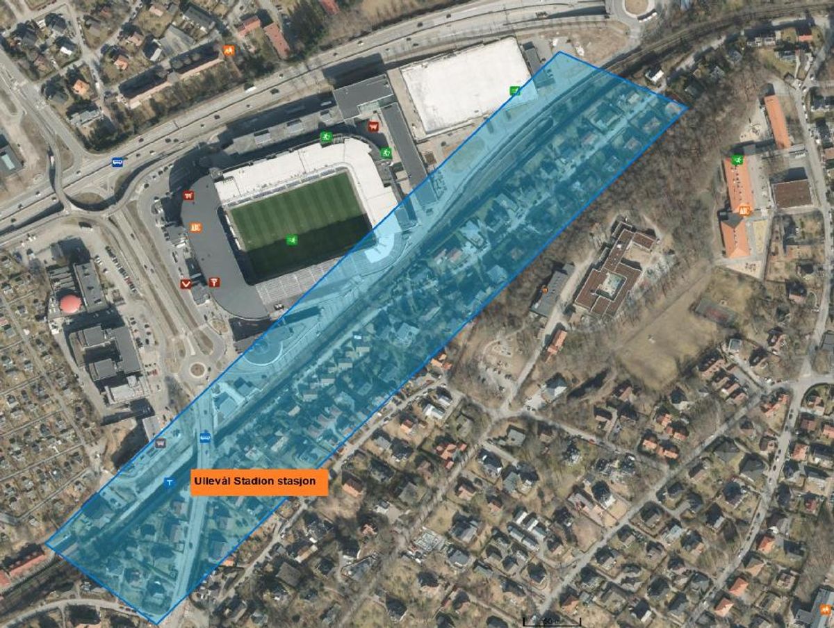 Det markerte området viser traseen ved Ullevaal stadion der vedlikeholdsarbeidet vil pågå. Kart: Finn.no