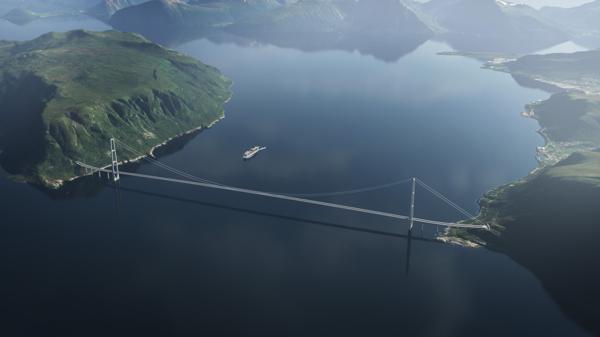Hengebru i ett spenn i korridor 1 over Sulafjorden. Illustrasjon: Dissing + Weitling/AMC