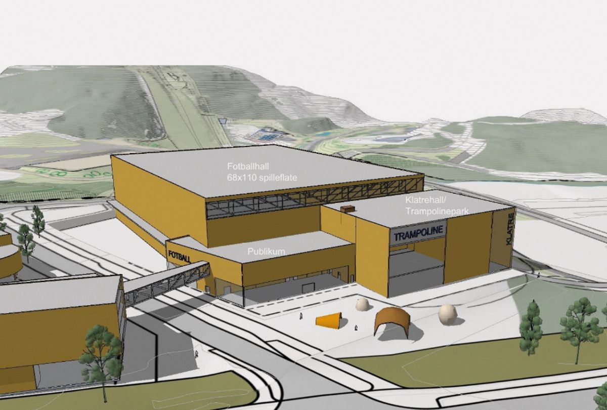 En ny fotballhall i Granåsen i Trondheim kan bli utsatt bygget i mange år fremover. Kommunen må prioritere andre prosjekter av økonomiske årsaker. Illustrasjon: Asplan Viak