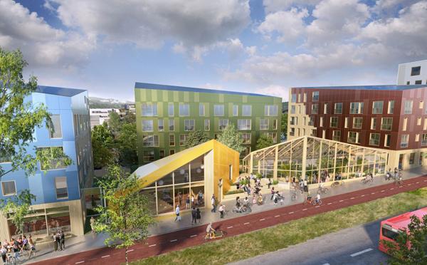 I Furuset Urban Village planlegges det fleksible leiligheter, et nærmiljøhus med tilhørende veksthus som beboerne og nabolaget kan bruke samt et gårdsrom. Illustrasjon: LPO Arkitekter