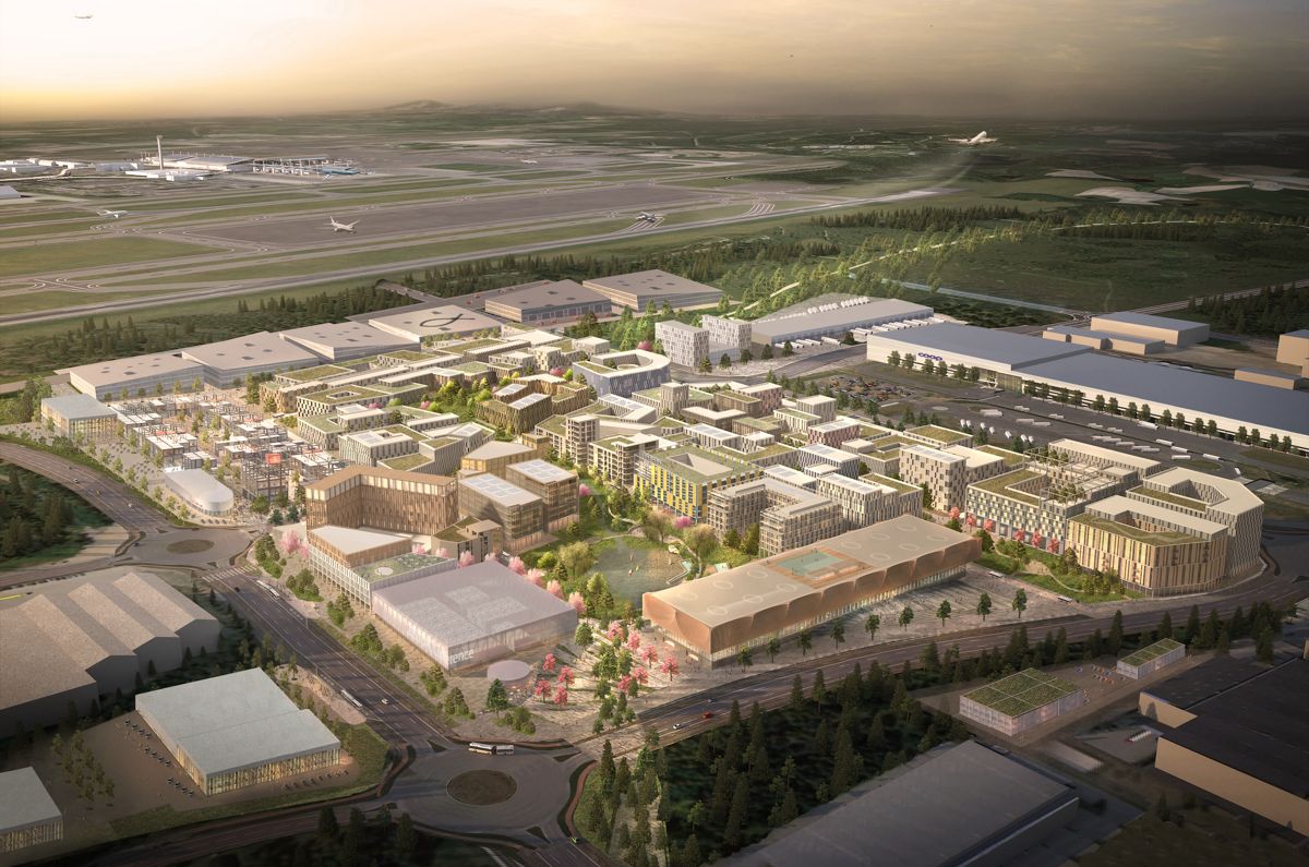 Oslo Airport City skal ha et utviklingspotensial på omtrent én million utleibare kvadratmeter. Illustrasjon: OAC