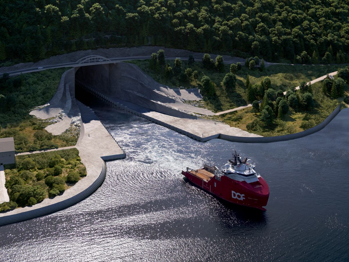 Oversiktsbilde over tunnellinngangen til Stad Skipstunnel i Moldefjorden. Illustrasjon. Foto: Kystverket/Snøhetta/Plomp / NTB