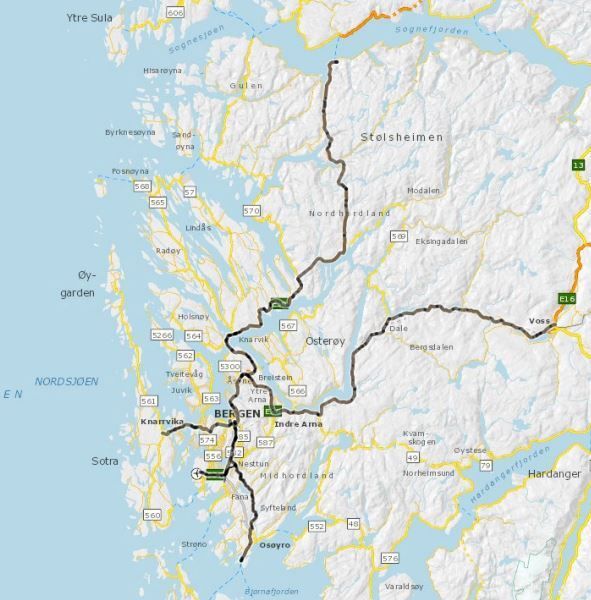 BMO Elektro skal drifte elektroanlegg på riks- og europaveier i Bergens-området. Kartet viser hele kontraktsområdet.