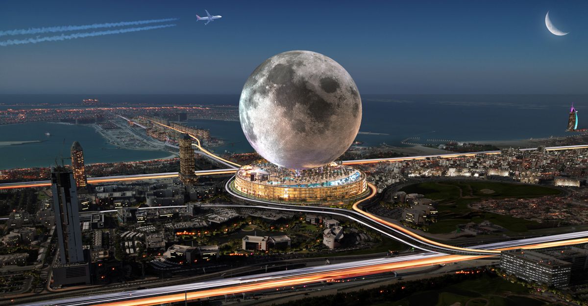 MÅNELYS IDÉ. Designerne Sandra G Matthews og Michael R. Henderson har full tiltro til en ny idé om å bygge månen ne’ på jorda. Illustrasjon: Moon World Resorts Inc.