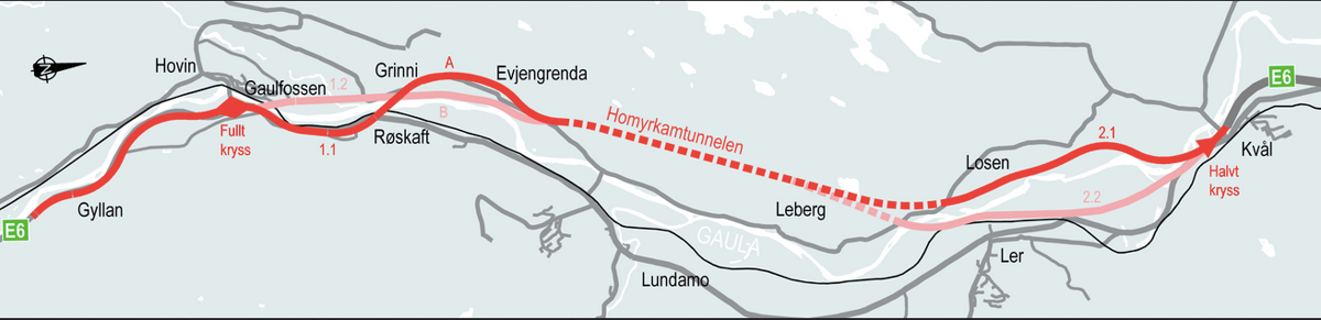 Nye Veier anbefaler Melhus kommune å gå videre med traséalternativ 1.1A med 100 km/t og alternativ 2.1 fra Homyrkamtunnelen.