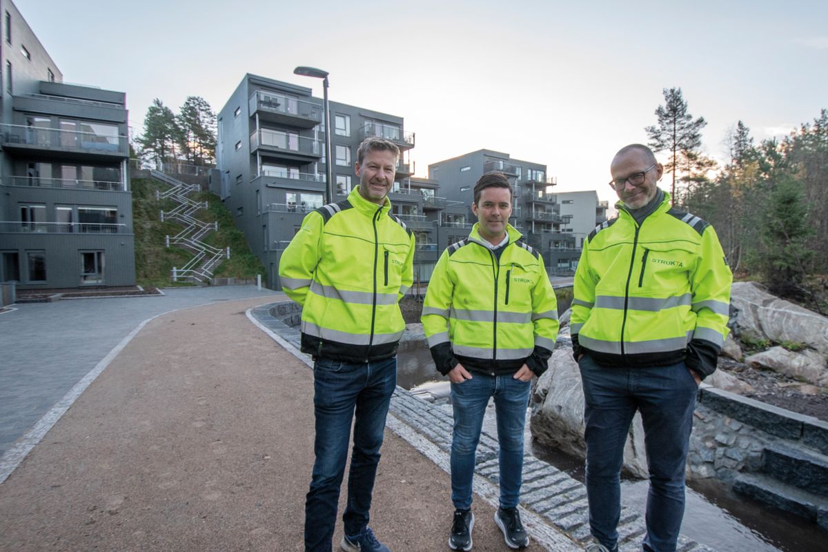 Prosjektleder Øyvind Lygren (fra venstre), anleggsleder Brede Lunden og prosjekteringsleder Ingvar Gunnlagsson i Strukta er godt fornøyde med et krevende prosjekt.