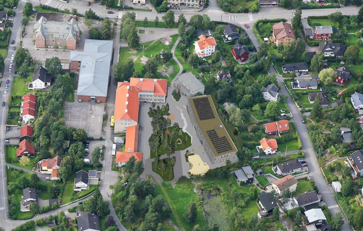 Nordstrand ungdomsskole i Oslo utvides. Illustrasjon: MAP Arkitekter