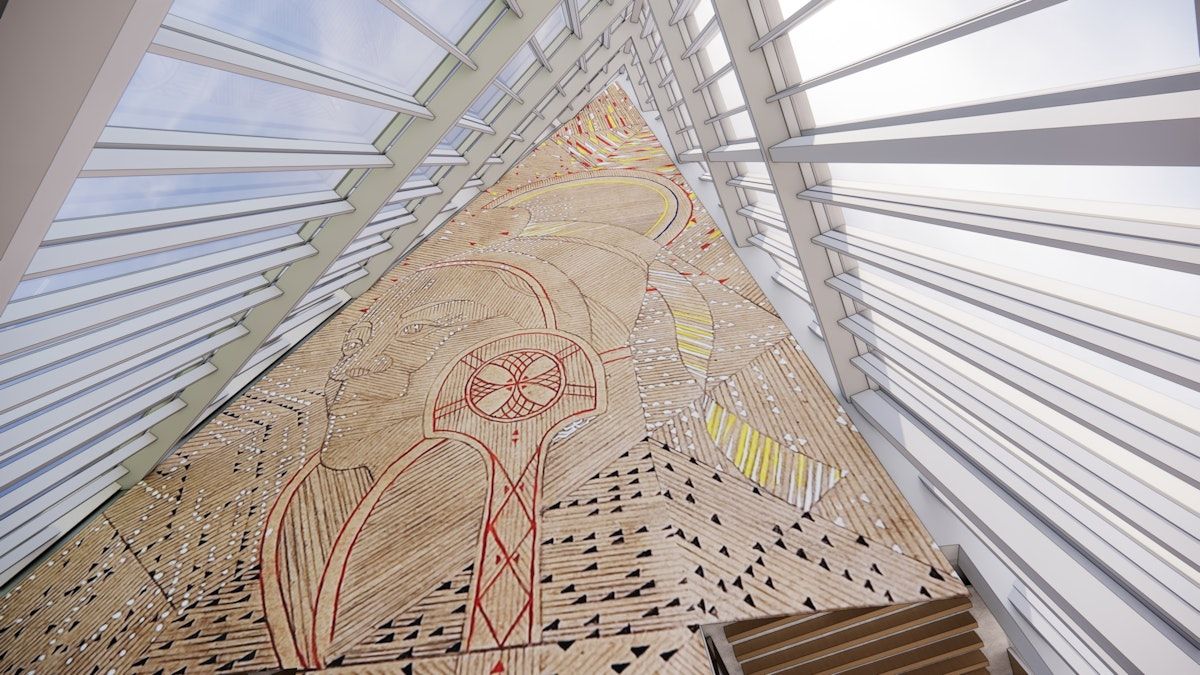 Outi Pieski, som står bak kunstverket, er en samisk kunstner som bor og arbeider i Helsinki og i Utsjoki på finsk side av Sápmi. Illustrasjon: Statsbygg/Team Urbis/Nordic Office of Architecture