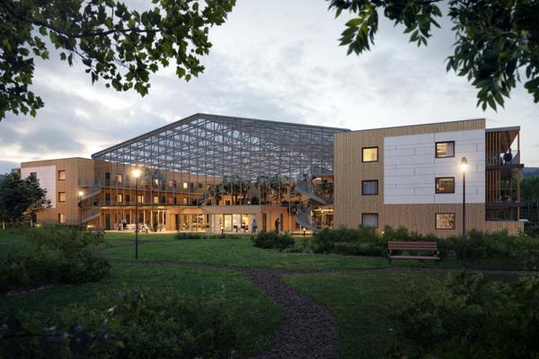 Veidekke skal bygge 51 leiligheter med parkeringskjeller og en felles temperert vinterhage. Ill. Hilleren Prosjektering, Momentum Arkitekter og Eve Images