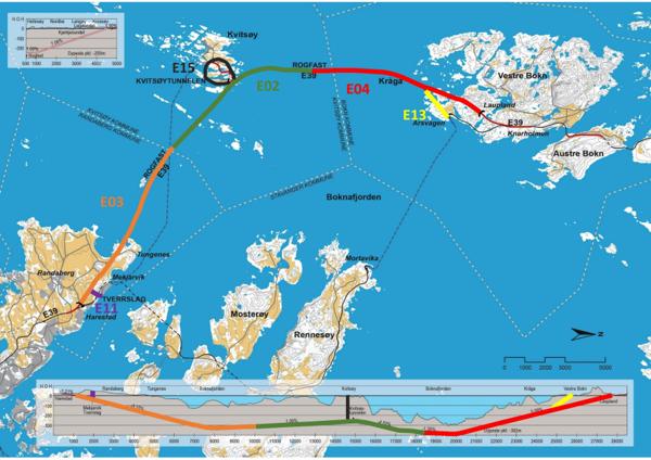 Oversiktskartet viser hvordan Rogfast er delt opp i tre store, og en litt mindre kontrakt. De tre store hovedkontraktene er E03 Randaberg, som er tildelt Implenia/Stangeland, E04 fra Bokn mot Kvitsøy er tildelt Skanska, E02 som går fra Kvitsøy og begge veier mot Bokn og Randaberg vil bli lyst ut i slutten 2023, eller tidlig 2024. E15 har Risa/Hæhre, som nå er halvveis ned til hovedløpene under Kvitsøy. Ill. Statens vegvesen
