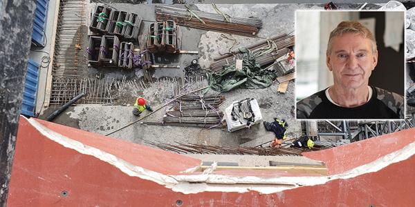Aksel Ruden falt 13 meter og rett ned på betongdekket. 63-åringen overlevde fallet, og nå vil han tilbake på jobb. Foto: Politiet / Byggeindustrien