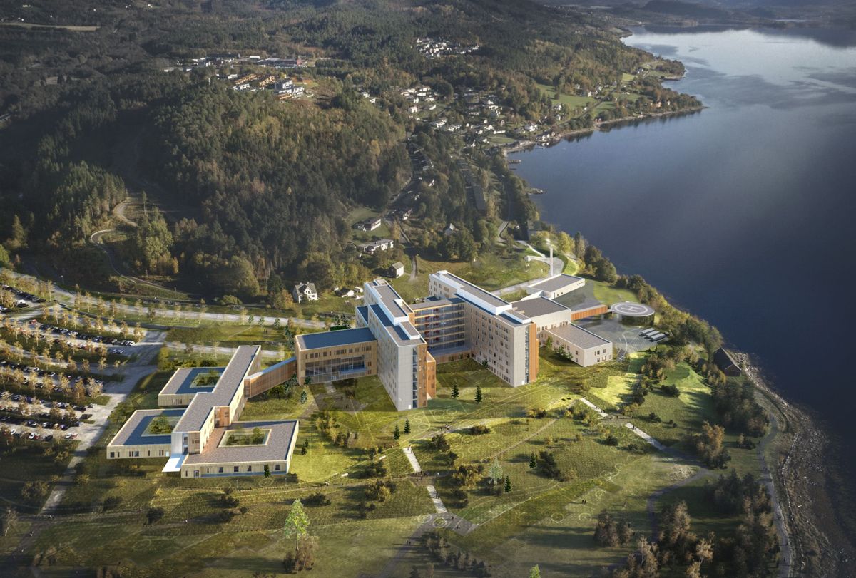 SNR - Sjukehuset Nordmøre og Romsdal. Nytt akuttsjukehus for Nordmøre og Romsdal skal bygges på Hjelset utenfor Molde. Illustrasjon: Arkitema