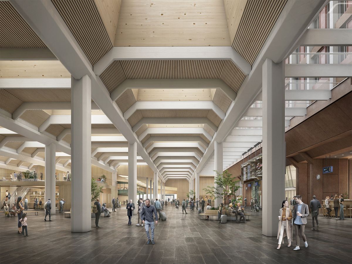 Stasjonshallen får nytt tak og gjenbruker takkonstruksjonene. Illustrasjon: Reiulf Ramstad Arkitekter