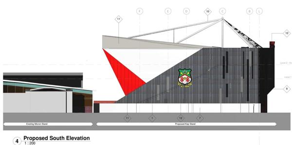 Fotballklubben Wrexham håper å åpne en ny og bedre Kop-tribune til sesongen som starter i 2024. Illustrasjon: AFL Architects