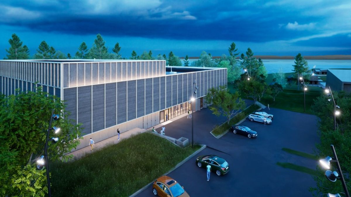 RS Hallen bygges i massivtre, og skal romme basseng og idrettshall. Illustrasjon: Haugen/Zohar Arkitekter