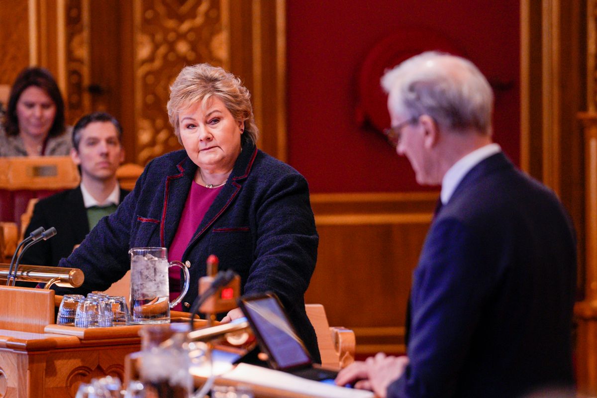 Høyre-leder Erna Solberg utfordret statsminister Jonas Gahr Støre (Ap) i den muntlige spørretimen i Stortinget onsdag. Foto: Javad Parsa / NTB