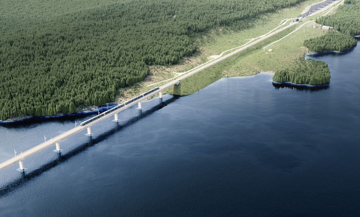 Man har valgt å bygge Norges lengste jernbanebru over Tangenvika i Stange der natursand som tilslag er erstattet med gjenbruk av forurensede masser. Ill. Implenia