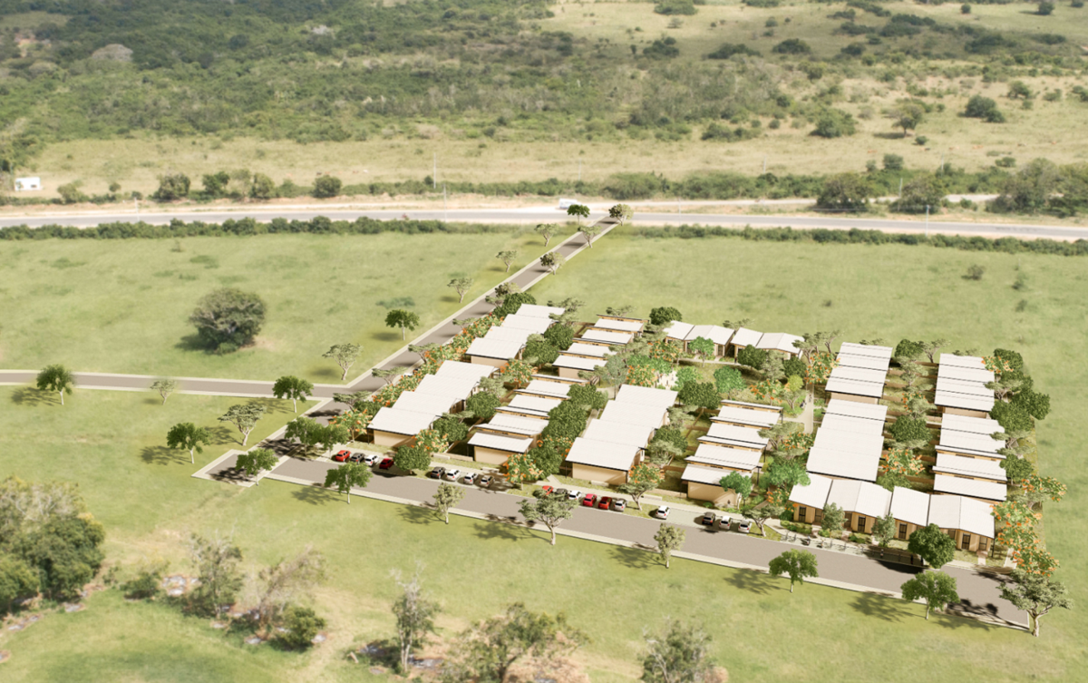 The Mvule Gardens i Kenya skal bli verdens største 3D-printede boligprosjekt. Illustrasjon: 14 Trees