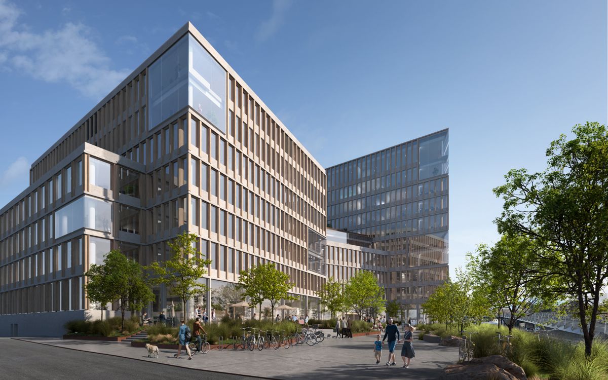Slik blir Campus Ullevål når bygget står ferdig i 2026. Arkitekt: Schmidt Hammer Lassen Architects. Illustrasjon: 3D Estate