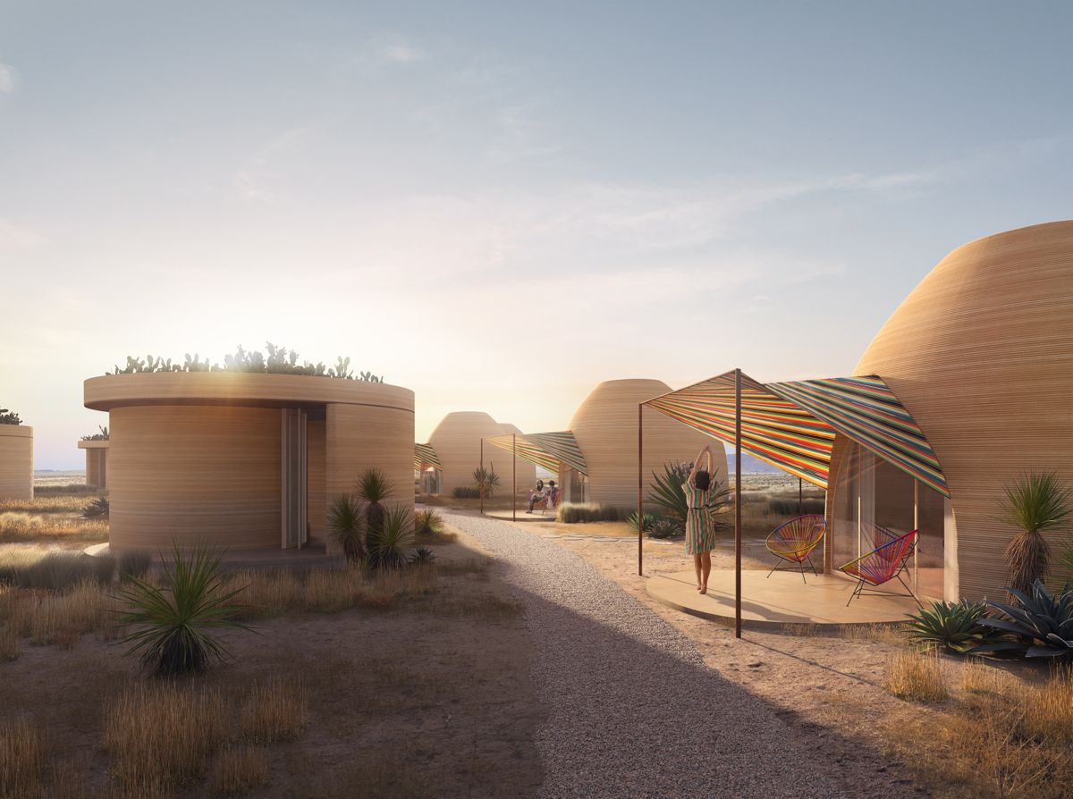 Bjarke Ingels Group har tegnet det som skal bli verdens største 3D-printede hotellanlegg ute i ørkenen i Texas. Illustrasjon: BIG / ICON