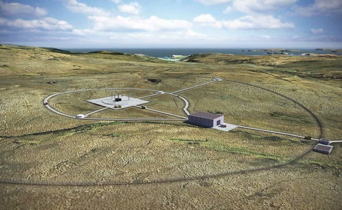 Bygging er i gang på Sutherland Spaceport i Skottland. Det fremtidsrettede satellittoppskytingsanlegget skal være verdens første av sitt slag som gjøres fossilfritt. Illustrasjon: Perfect Circle PV