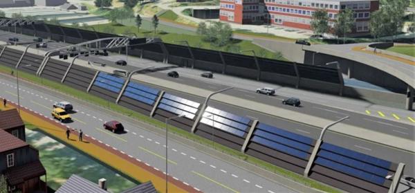Illustrasjonen viser eksempel på støyskjermer med solceller på sørsiden av Ramstadsletta. Foto: Aas-Jakobsen AS