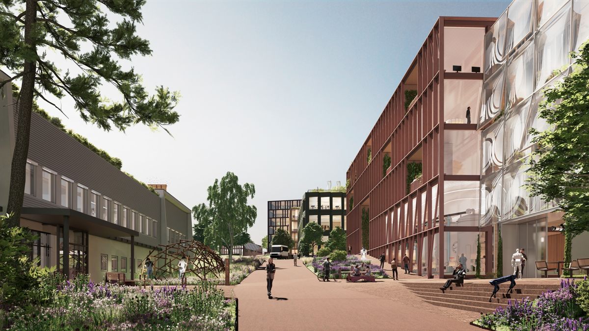 Slik kan den nye forskningsparken på Kjeller bli. Illustrasjon: Grape Architects