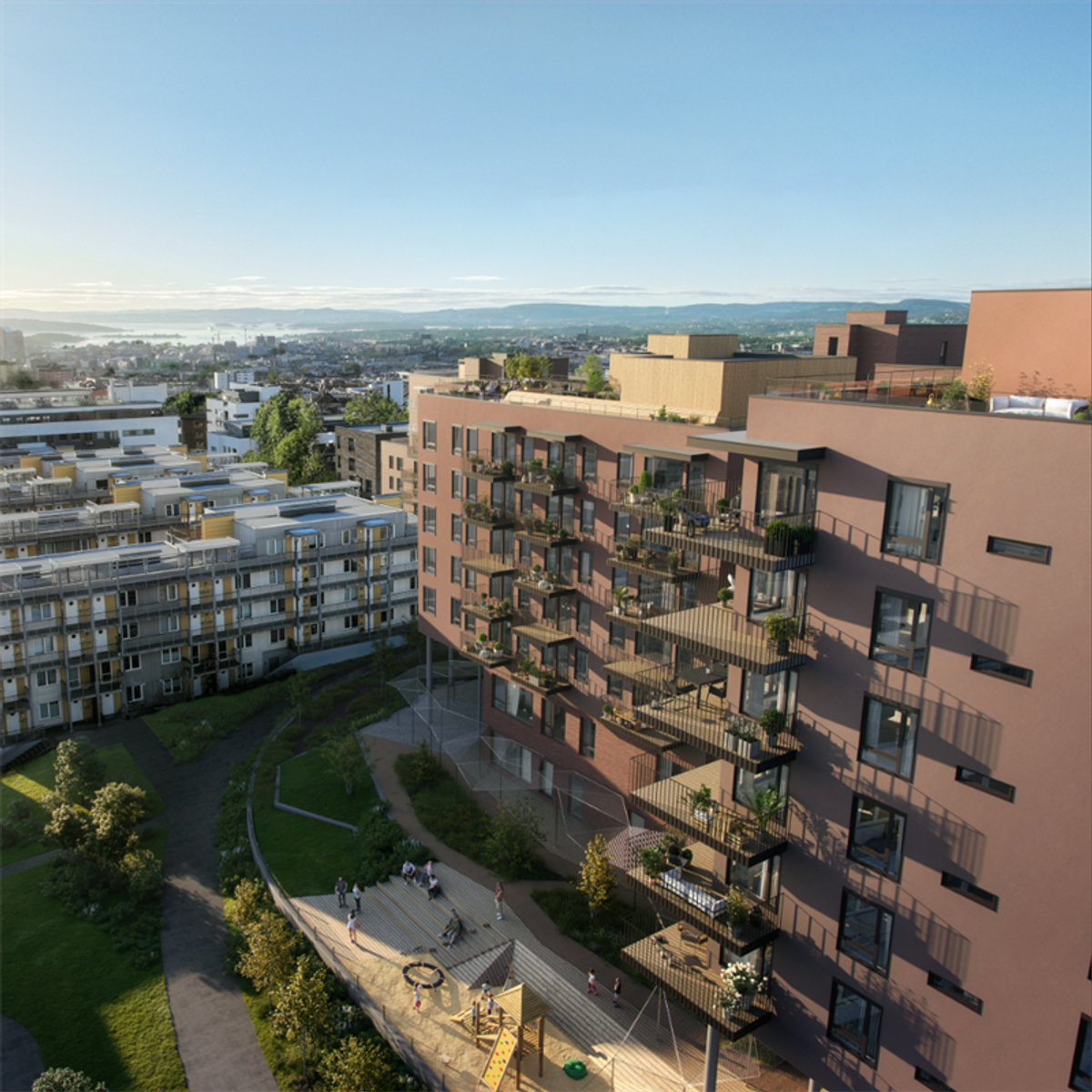 Tredje byggetrinn i Lille Løren Park består av 165 leiligheter fordelt på tre boligblokker. Illustrasjon: HRTB Arkitekter