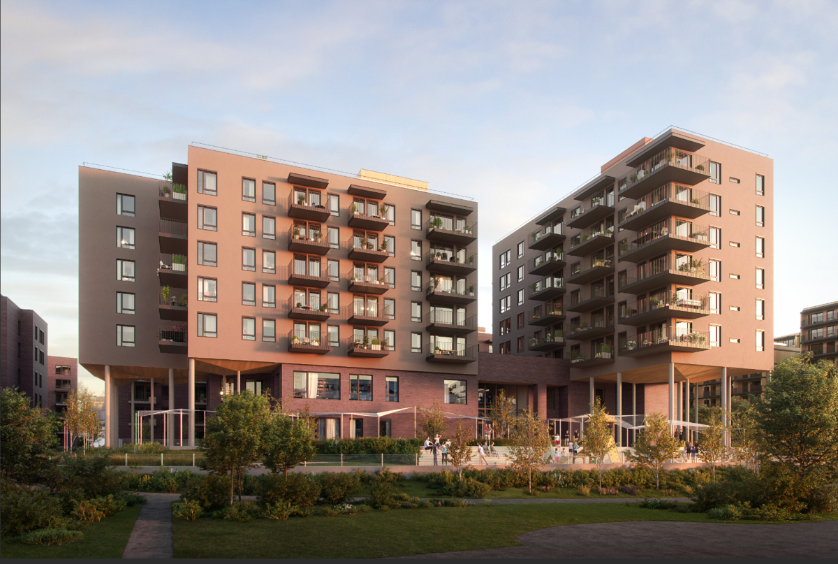 Tredje byggetrinn i Lille Løren Park består av 165 leiligheter fordelt på tre boligblokker. Illustrasjon: HRTB Arkitekter
