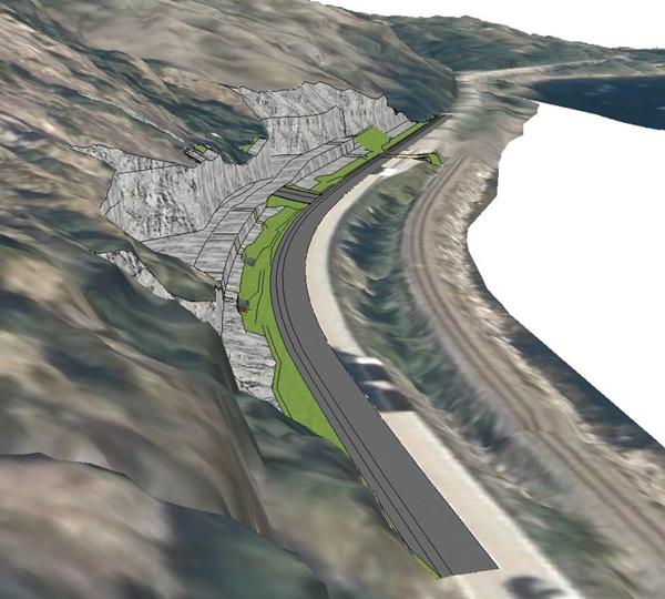 3D-modell av fjellskjæring, skredgrop og skredvoll. Sett fra vest mot øst. Illustrasjon: Statens vegvesen