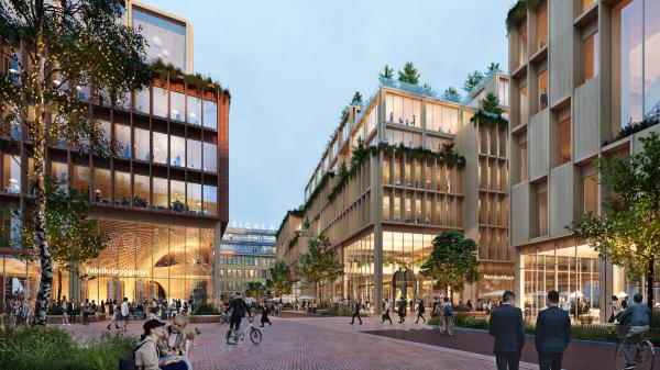 Atrium Ljungberg vil bygge Stockholm Wood City, som de beskriver som verdens største byggeprosjekt med treverk. ILLUSTRASJON: Atrium Ljungberg / Henning Larsen