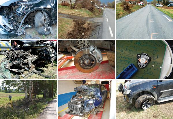 Her er ulike dokumentasjonsbilder som Inge Rønning har tatt på forskjellige ulykkessteder. Han tar både oversiktsbilder, som viser alt fra hjulspor og treffpunkt til kjøretøyenes plassering, nærbilder av skadene på kjøretøy og detaljbilder som for eksempel baksiden av et speedometer. Ingen av bildene overfor er fra dødsulykker.