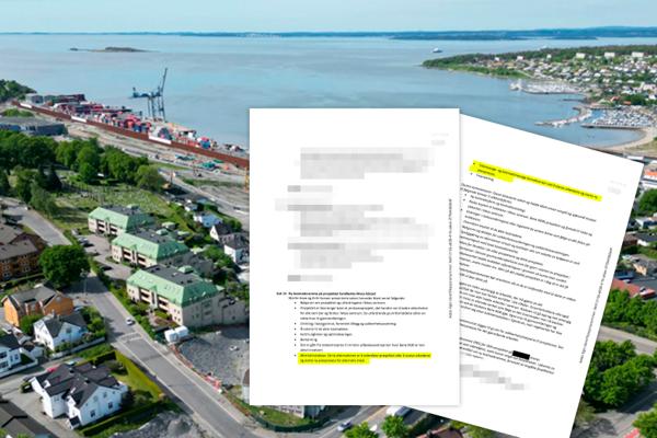 Det er kvikkleire i sentrum som har skapt trøbbel for jernbaneprosjektet i Moss. Et styrereferat fra 30. mai i år viser at stans og en ny planprosess ble presentert som et alternativ. I september anbefalte Bane Nor å fortsette og skyve på prosjektet med fire år til 2030. Dronefoto: Øystein Stavdal Paulsen/Bane Nor/Skjermdump fra styreprotokoll