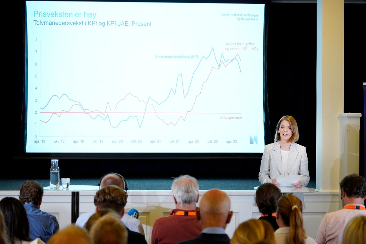 Sentralbanksjef Ida Wolden Bache under en presentasjon av rentebeslutningen på Arendalsuka i august. Arkivfoto: Ole Berg-Rusten / NTB