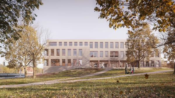 Det nye Tønsberg tinghus vil ligge sentralt i byen rett ved Tønsberg stasjon. Illustrasjon: Dyrvik Arkitekter AS.