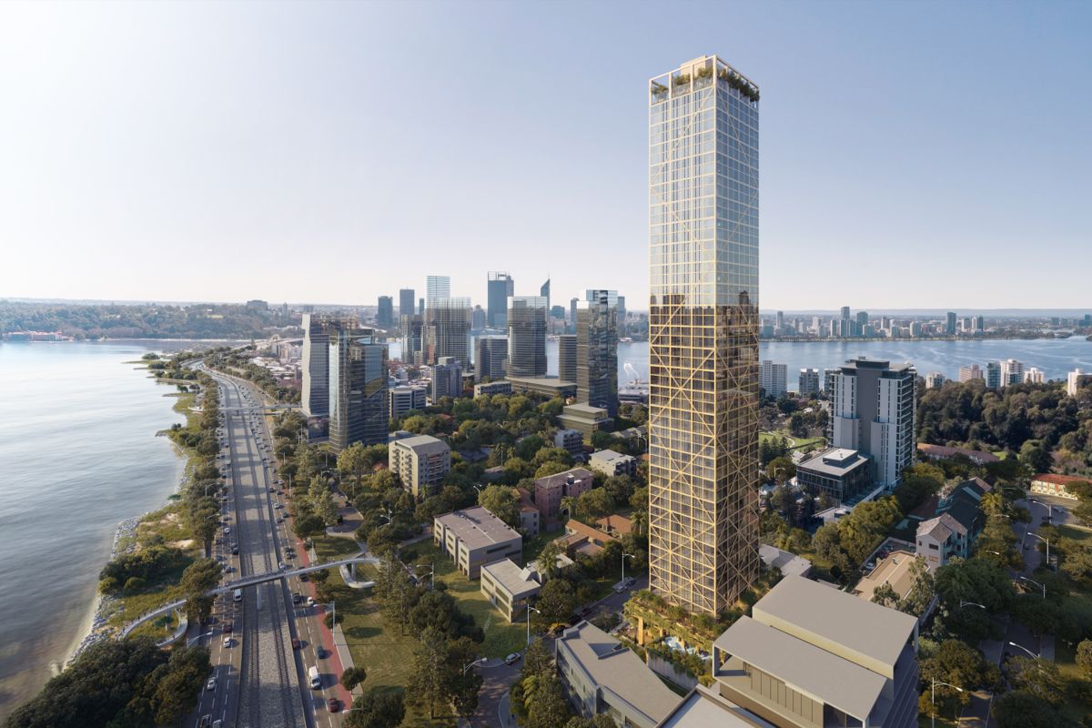 Perth i Australia kan få verdens høyeste bygg i tre. Illustrasjon: Fraser & Partners