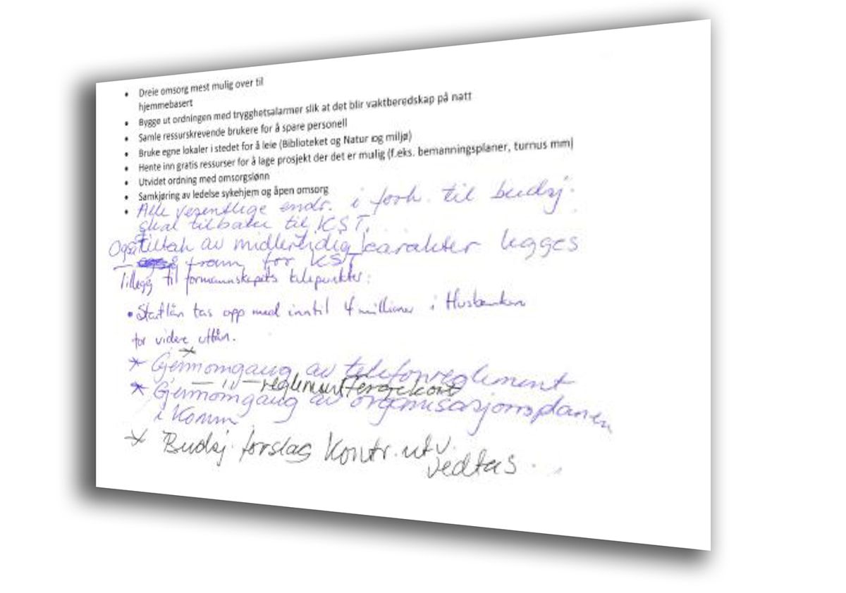 Faksimile av deler av budsjettvedtaket 19. desember. Nå innkalles kommunestyret i Tysfjord til nytt møte for å ble enige om hva de faktisk har vedtatt.