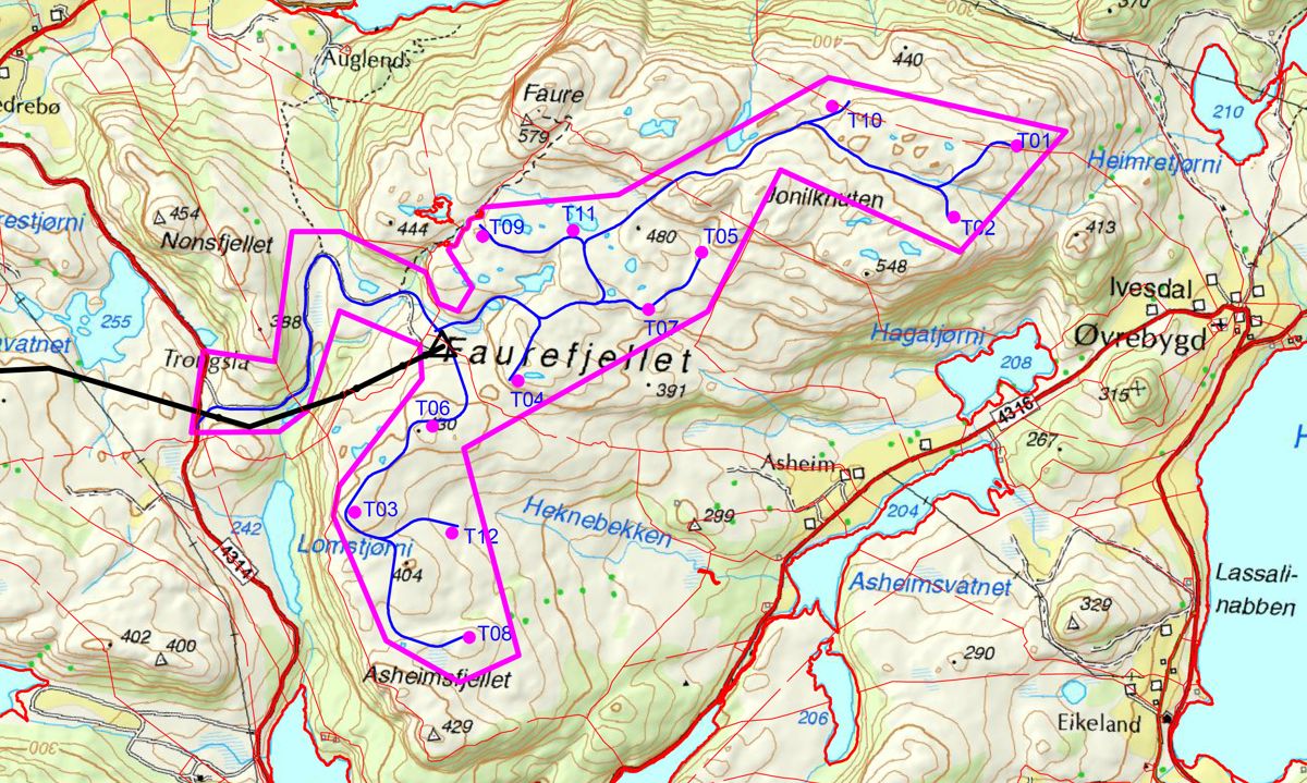 Rosa strek viser planområdet for vindkraftverket på Faurefjellet. Rosa prikker indikerer hvor vindturbiner er tenkt plassert. Skisse: Prosjektil AS