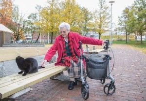 TOSPANN: - Hvis jeg ikke ser henne på kvelden, går jeg bare og legger meg. Men jeg sjekker hver kveld, sier Anne om katten Daja. Her har de inntatt den nye benken. Tidligere var parken mørk, og uoversiktlig, nå er den lys og trivelig. Og på dette underlaget er det ikke noe problem å gå med rullator. Foto: Fredrik Naumann/Felix Features