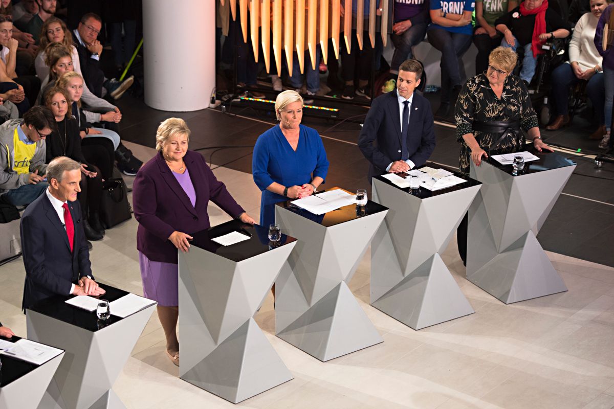 FNB får ikke delta fullt ut i NRKs partilederdebatt i Arendal neste mandag, men får være med i en bolk om bompenger. Her fra partilederdebatten i Bergen i 2017. Foto: Marit Hommedal/NTB scanpix