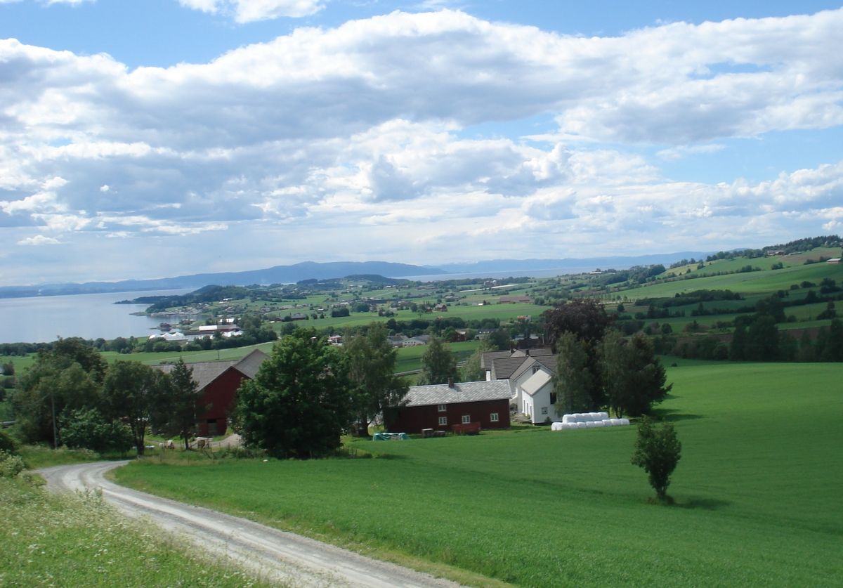 Frosta er en utpreget jordbrukskommune, og grenser til Levanger i øst. Her sett fra Hellan mot Trondheim. Foto: Wikimedia commons