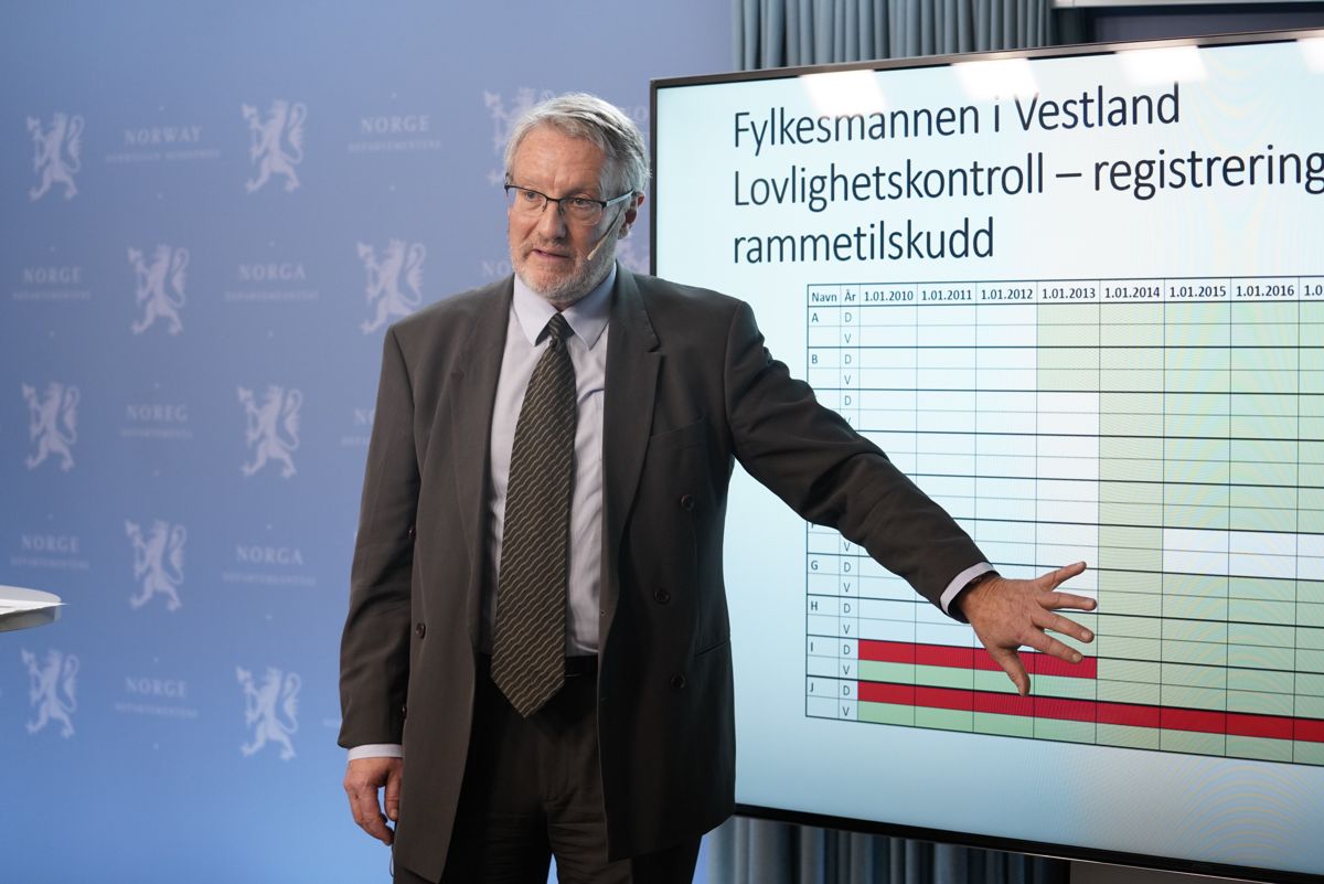 Rune Fjeld, spesialrådgiver hos Fylkesmannen i Vestland, presenterer konklusjonene etter granskingen av Tolga-saken under rapportframleggelsen.  Foto: Fredrik Hagen/NTB scanpix
