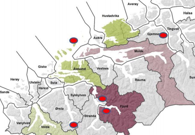 Kartet viser oversikt over grensejusteringene som er utredet i Møre og Romsdal. Illustrasjon: Fylkesmannen i Møre og Romsdal