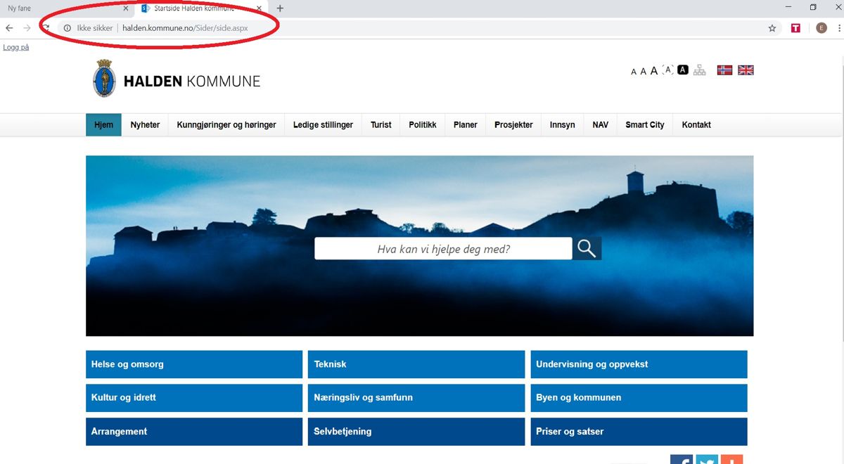 Skjermdump av Halden kommunes hjemmeside, slik den framstår i nettleseren Chrome. Difi fraråder innbyggerne å legge inn sensitiv informasjon på nettsider merket som "ikke sikker".
