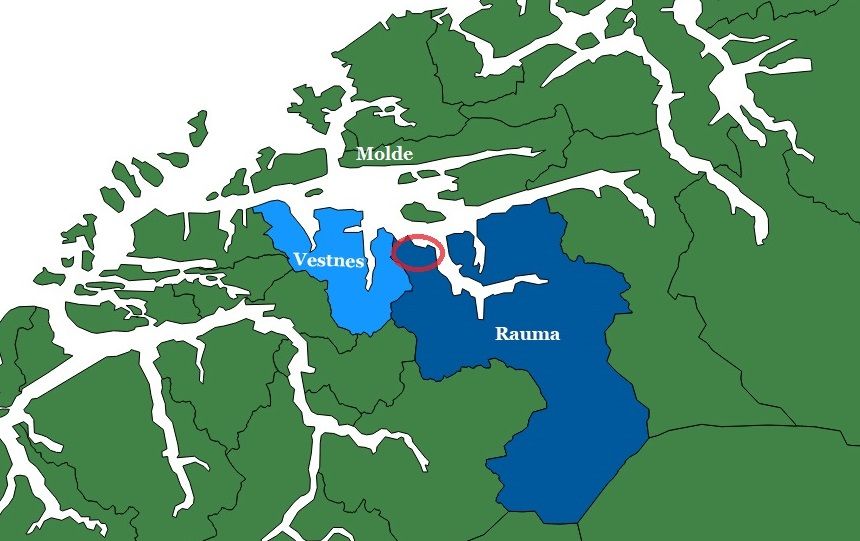Området i Rauma som er grovt ringet rundt på kartet ønsker å bli en del av Vestnes kommune. Illustrasjon: Andreas Røed