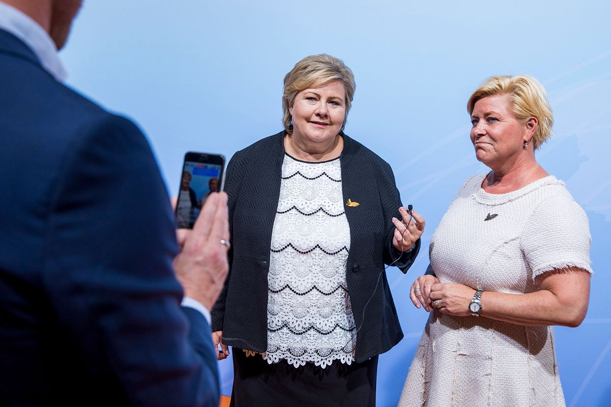 Statsminister Erna Solberg og finansminister Siv Jensen er ikke enige i om kommunene selv bør redusere formuesskatten. Foto: Tore Meek / NTB scanpix